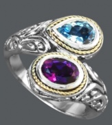 Wrap yourself in stunning sparkle. Balissima by Effy Collection's stylish bypass ring features pear-cut blue topaz (3/4 ct. t.w.) and oval-cut amethyst (3/4 ct. t.w.). Set in sterling silver with 18k gold rope edges. Size 7.