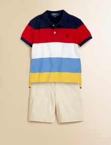 Rendered in breathable cotton mesh, this colorful polo features signature pony embroidery at the chest and super-wide stripes.Ribbed polo collarShort sleeves with ribbed armbandsButton downUneven side vented hemCottonMachine washImported Please note: Number of buttons/snaps may vary depending on size ordered. 