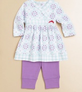 A striking, vivid crystal design adds pizazz to this perky, matching cotton frock and pants set. Bodysuit V-neckLong sleevesBack snapsSkirted hem Pants Elastic waistbandCottonMachine washImported Please note: Number of buttons/snaps may vary depending on size ordered. 