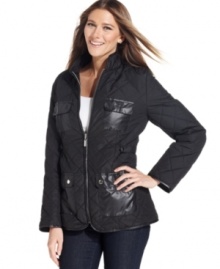 Style&co.'s jacket is extra stylish with diamond quilting and satiny patch pockets and cozy with a fleece lining. Tabbed sides and smocking at the back ensure a flattering fit.