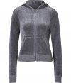 Super chic heather grey velour hoodie by Juicy Couture - Add comfort to your wardrobe staples with this versatile hoodie - Flattering slim silhouette with front kangaroo pockets - Pair with matching pants and flats for an everyday look - Wear with skinny jeans, a t-shirt, and wedges