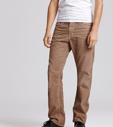 Flat front, straight leg corduroy pants with zip fly, button closure. Five pocket with slightly distressing for a comfortable fit.