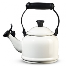 Elegant and timeless, this whistling tea kettle is a great way to revive tea time for two. Glazed with hard glossy enamel on steel, it offers superior craftsmanship and brings a blast of color to the range. The unique locking handles and phenolic knobs make lifting, pouring and cleaning easy.