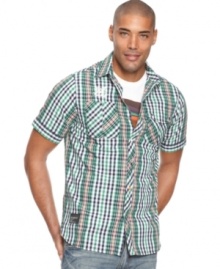 Get your style in check with this printed short sleeve button down from Rocawear.