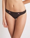 A tonal stripe thong with lace trim where sweet and sexy are combined. Two satin bow embellishments on front. Sheer at sides. Cotton gusset.