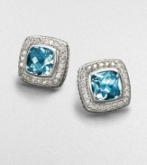 From the Petite Albion Collection. A shimmering center of faceted blue topaz, surrounded by pavé diamonds set in sterling silver. Diamonds, 0.40 tcw Blue topaz Sterling silver About ½ square Post back Made in USA