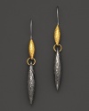 Hammered dark silver drop earring cast in an oblong teardrop with 24 Kt. yellow gold accents.