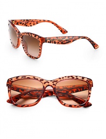 Be the cat's meow in these leopard-printed plastic frames. Available in orange frames with brown gradient lenses or leopard with brown gradient lens.Plastic temples with gold logo100% UV ProtectionMade in Italy 