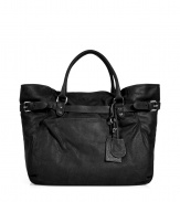 Contemporary looks get a kick of downtown-cool with Vanessa Brunos super soft black leather carryall tote - Magnetic top snap, luggage tag and key ring, belted top, inside zippered back wall pocket, zippered and two front wall slot pockets - Perfect for work or chic weekend getaways