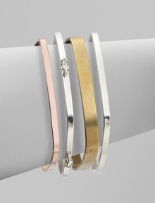 A structured set of square bangles in three different tones, accented with Swarovski crystals. Copper and silverplated brassSwarovski crystalsDiameter, about 2½Slip-on styleMade in USA