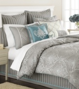 Timeless elegance reigns supreme in this Briercrest comforter set from Martha Stewart Collection, featuring a beautifully woven scroll and flourish design in tonal silver hues. European shams and bedskirt bring in a coordinating stripe design while the set is polished with teal embellishments for an enchanting presentation.