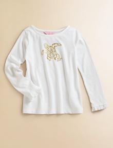 Long-sleeve crewneck with sparkly turtle print on the front, styled with feminine ruffle cuffs. Crewneck Sparkly turtle print Long sleeves with ruffle trim at cuffs Cotton/modal Machine wash Imported