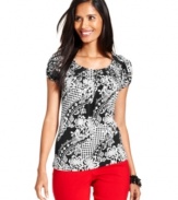 A graphic, intricate print spices up a classic petite top from Style&co. Soft pleating and cap sleeves soften the look.