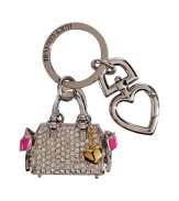 Work a girly edge into your chic accessories collection with Juicy Coutures shimmering purse and heart key fob - Crystal embellished purse charm with pink enamel side detail and gold-toned heart charm, heart-shaped clip charm, engraved logo on key ring - Carry alone with keys, or wear clipped to your handbag for a petite dose of luxe