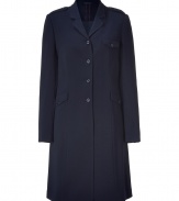 Elegant coat of dark blue synthetic fiber elevates business wear and transitions easily to after hours - Sophisticated, slightly fitted silhouette - Features short, narrow lapels, shoulder bars, flap pockets and button front - Wear with anything from pencil skirts to skinny jeans and everything in between - Style with a brightly-colored silk scarf and driving gloves