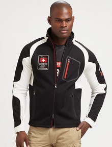 A sleek fleece full-zip jacket with contrast piecing features multiple pockets and a ski-inspired patch for sporty style.Two-way zip frontStand collarZippered chest, waist pocketsPolyesterMachine washImported