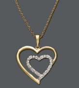 Tell her you love her twice over with this double heart pendant. Necklace features round-cut diamond (1/10 ct. t.w.) in a 18k gold over sterling silver setting. Approximate length: 18 inches. Approximate drop: 1 inch.