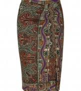 Work an iconic paisley into your sophisticated daytime look with a characteristic print stretch wool-blend skirt from Etro - Hidden side zip, ruched front panel, front slit, form-fitting - Pair with a color-pop cashmere cardigan and sleek platform pumps