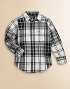 Rendered in warm brushed cotton twill, this classic plaid shirt is ruggedly handsome.Pointed collarLong sleeves with barrel cuffsButton-frontButton-flap patch pocketPatch pocketShirttail hemCottonMachine washImported Please note: Number of buttons may vary depending on size ordered. 