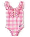 Adorable ruffles and rick rack charm on this pink gingham Juicy Couture swim suit.