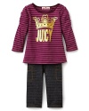 A super cute look from Juicy, tailored for the fashionable tot. Striped crewneck top with gold foil paired with the denim legging.