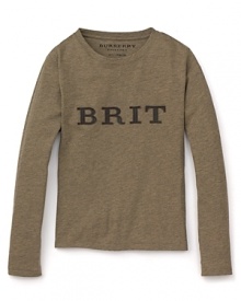 Luxe leather spells out Burberry's signature BRIT lettering on the front of this classic crewneck tee.