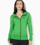 Lauren by Ralph Lauren's bright hue and soft stretch fleece construction make this full-zip track jacket-gone-hoodie a cozy essential for active days and chilly nights.