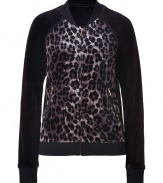 Finish off-duty looks on a wild note with Juicy Coutures animal print velour bomber jacket - Collarless, front zip closure, long sleeves, zippered slit pockets - Slim fit - Pair with velour pants, favorite jeans, or mini-skirts