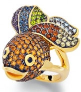 Make a splash in this statement maker. A playful fish adorns a 14k gold-plated band and sparkles in round-cut citrine (1-9/10 ct. t.w.), amethyst (1/6 ct. t.w.), London blue topaz (1/5 ct. t.w.), chrome diopside (1/6 ct. t.w.), madera citrine (1/5 ct. t.w.), Swiss blue topaz (3/8 ct. t.w.) and peridot (1/5 ct. t.w.) with black spinel accents. Size 7.