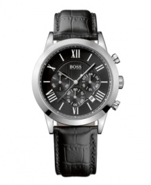 The modern man's must-have accessory. Watch by Hugo Boss crafted of black croc-embossed leather strap and round stainless steel case. Textured black chronograph dial features silver tone Roman numerals, date window, three subdials, luminous hands and logo. Quartz movement. Water resistant to 30 meters. Two-year limited warranty.