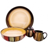 Hearty stoneware rendered in glossy black with contrasting earth tones gives this durable set of Sango serveware and serving dishes its striking, casual appeal. A perfect complement to the Flair Black dinnerware set.