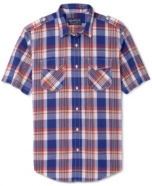 Vibrant plaid and a button details give this American Rag plaid shirt a cool contemporary style.