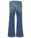 The bootcut jean in a naturally weathered wash, accented with angled topstitch and stud design at the pockets.