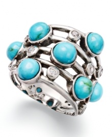 Layer it up with this trendy style. Avalonia Road's five-row stacked ring features round turquoise stones (1-1/4 ct. t.w.) mixed with sparkling crystals for a playful look. Set in sterling silver. Size 7.