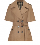 Trendy meets classic with this short, wool jacket - Designed with traditional trench features including a wide lapel, shoulder flaps, double-button packet and waist belt - Features short sleeves, short cut and back yoke - Pair with a leather pencil skirt, cashmere dress or slim pants to capture a sophisticated look