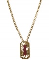 Paint the town red with this pendant necklace from T Tahari. The necklace, part of the Deco Lace Collection, is crafted from gold-tone mixed metal with the pendant featuring a Bordeaux-colored stone for a vibrant touch. Glass crystals add luster. Approximate length: 18 inches + 3-inch extender. Approximate drop: 1-1/2 inches.