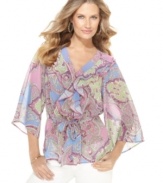 A chiffon kimono blouse from Sunny Leigh feels even more romantic with a colorful pastel print! Layer it with a nude camisole for an ethereal look.