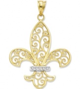 For the love of France! This pretty filigree charm features the iconic Fleur de Lis in 14k gold and sterling silver. Chain not included. Approximate length: 1-3/5 inches. Approximate width: 1 inch.