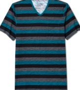 Bring some bold color into your casual wardrobe with this striped v-neck t-shirt from INC International Concepts.