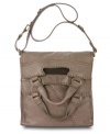 Threaded leather detailing embellishes this cool convertible foldover purse that does double duty as a crossbody bag or a handheld tote.