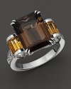 Pavé diamonds and citrine baguettes frame a 6.09 ct. t.w. smoky quartz, set in 18K white gold.