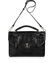 Show your laptop a little love with this sleek and sophisticated black bag from Marc by Marc Jacobs - Allover ostrich embossed detail - Adjustable, crossbody strap and short handle - Front flap with gold-tone turnlock closure and belt strap embellishment - Fully line, graphic print interior - Convenient open back pocket - Ultra-durable PVC material protects against dust, scratches and moisture  - Ideal for work, play or anytime youre on the go