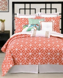 Create a beachside getaway in your room with this Trina Turk Trellis Coral duvet cover set, featuring soothing coral and white hues. A latticework and floral pattern gives this set a whimsical appeal. Button closure.