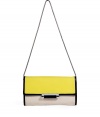 With a cool colorblock and modern black trim, Diane von Furstenbergs tri-tone leather clutch lends a contemporary edge to day and evening looks alike - Flap with push-lock bar closure, back slot pocket, removable snake-chain shoulder strap, inside zippered back wall pocket and card slot, silver-toned hardware - Wear during the day with edgy separates, or carry as a clutch at night with sleek cocktail frocks