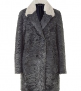 Sumptuous and stylish, this Persian lamb coat from Jil Sander elevates your cold weather looks - Wide lapels with fur trim, long sleeves, front button placket, double-breasted, straight silhouette - Style with a figure-enhancing cocktail sheath, heels, and a crossbody bag