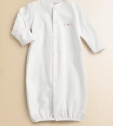 This soft cotton gown with embroidery can be converted to legs. Picot trim Front snaps Cotton; machine wash Imported