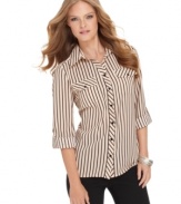 Striking stripes in a classic silhouette make this top a springtime basic from Elementz. Flap chest pockets and roll tab sleeves add utility-chic style, too! (Clearance)