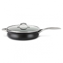 This Calphalon sauté pan with lid boasts the revolutionary Unison Slide Nonstick surface which releases foods effortlessly, making even the most demanding culinary creations simple to prepare. A heavy-gauge bottom provides even heating and prevents sauces from scorching, while the high sides and narrow opening control evaporation. Handles stay comfortably cool on the stovetop.