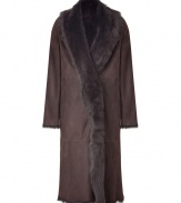 Add super-luxe style to your cold weather ensembles with this sumptuous full-length shearling coat from Jil Sander - Fur-trimmed shawl collar, fur trim down front, long sleeves, slit pockets, full-length, narrow silhouette - Wear with skinny jeans, a cashmere pullover, and shearling boots