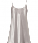 Delicate camisole dress in fine silver gray silk - Thin spaghetti straps, round neckline, and feminine silhouette - Falls loosely but has flatting fit - Fashionable and sexy, but incredibly comfortable - Wear as a nightgown with a matching silk robe